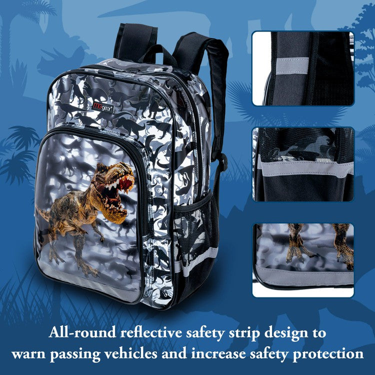 16 Inch Clear PVC School Backpack with Tyrannosaurus Rex, Dinosaur Silhouette Pattern, and Black Trim-MyGift