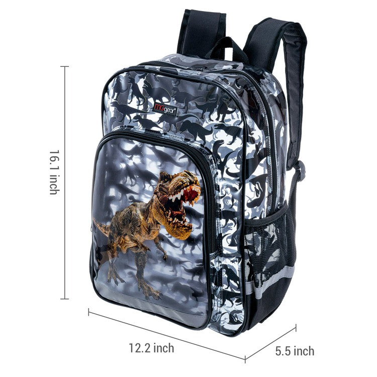 16 Inch Clear PVC School Backpack with Tyrannosaurus Rex, Dinosaur Silhouette Pattern, and Black Trim-MyGift