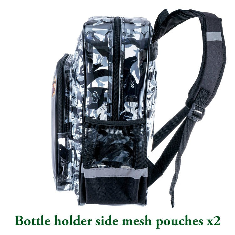 16 Inch Clear PVC School Backpack with Tyrannosaurus Rex, Dinosaur Silhouette Pattern, and Black Trim-MyGift