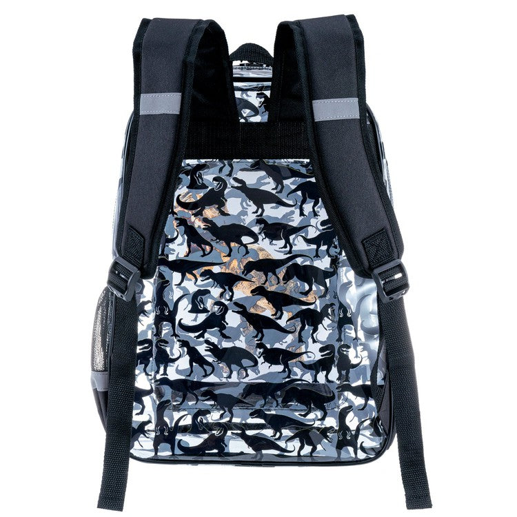 16 Inch Clear PVC School Backpack with Tyrannosaurus Rex, Dinosaur Silhouette Pattern, and Black Trim-MyGift