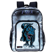 16 Inch Clear Blue Tinted PVC School Backpack with Black Trim, T-REX KING OF THE DINOS and Tyrannosaurus Rex Dinosaur
