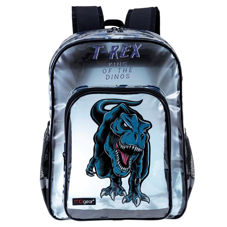 16 Inch Clear Blue Tinted PVC School Backpack with Black Trim, T-REX KING OF THE DINOS and Tyrannosaurus Rex Dinosaur