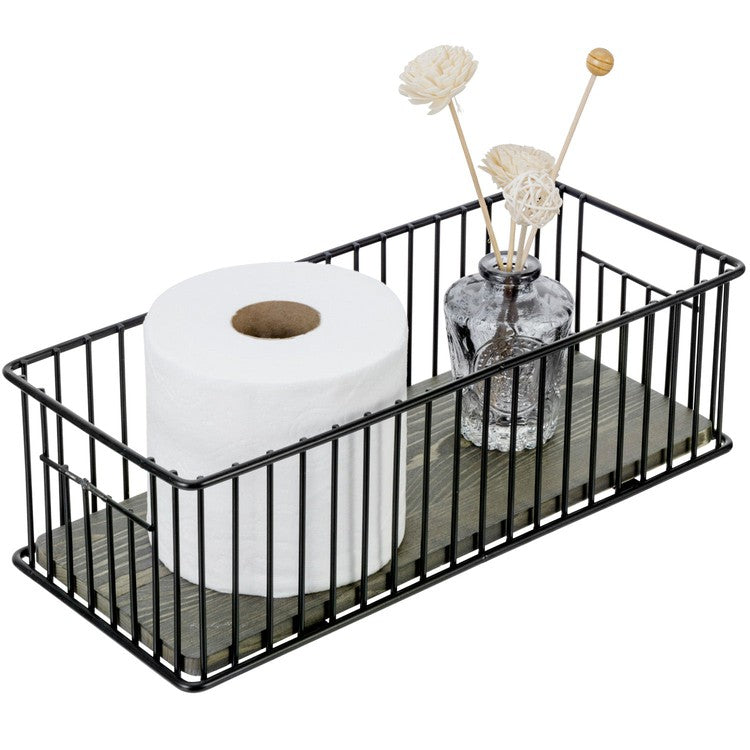 Black Metal Toilet Paper Holder Basket with Gray Solid Wood Base, Bathroom Sink Counter Toiletries Storage-MyGift