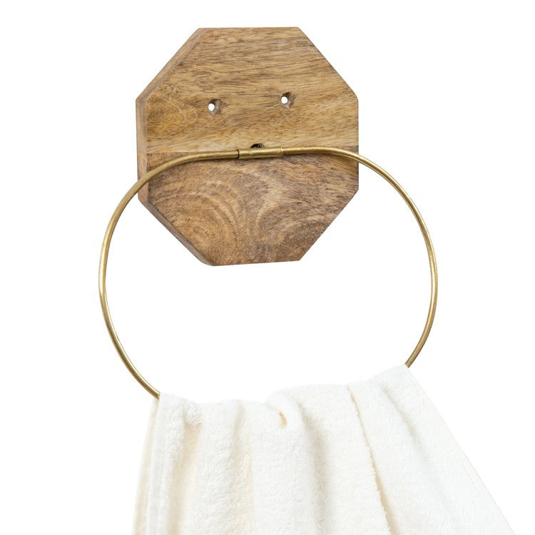 Wall Mounted Brass Oval Wire Towel Ring with Mango Wood Backing, Towel Holder for Kitchen-MyGift