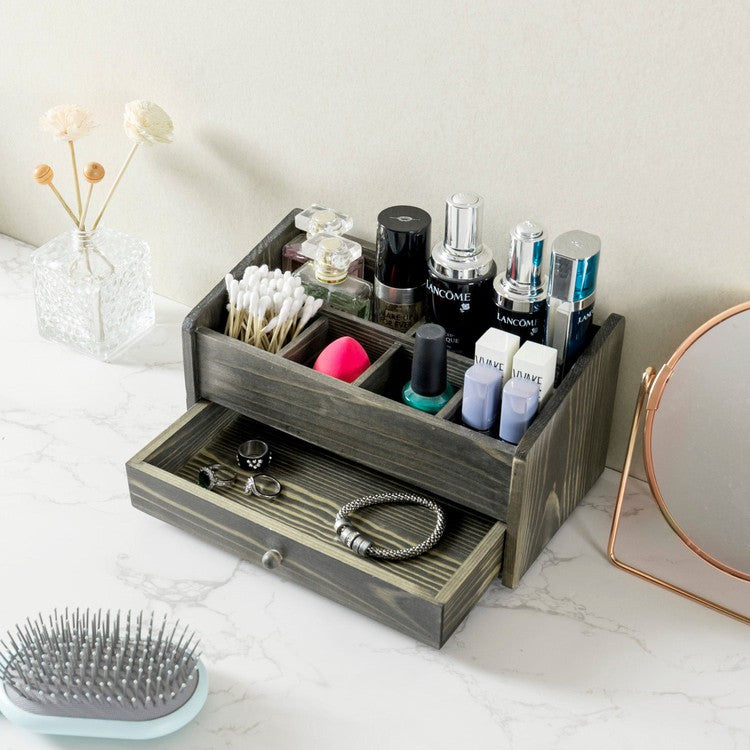6 Compartment Gray Wood Modular Vanity Storage Box, Tabletop Angled Caddy for Jewelry Perfume Cosmetics Hair Accessories-MyGift