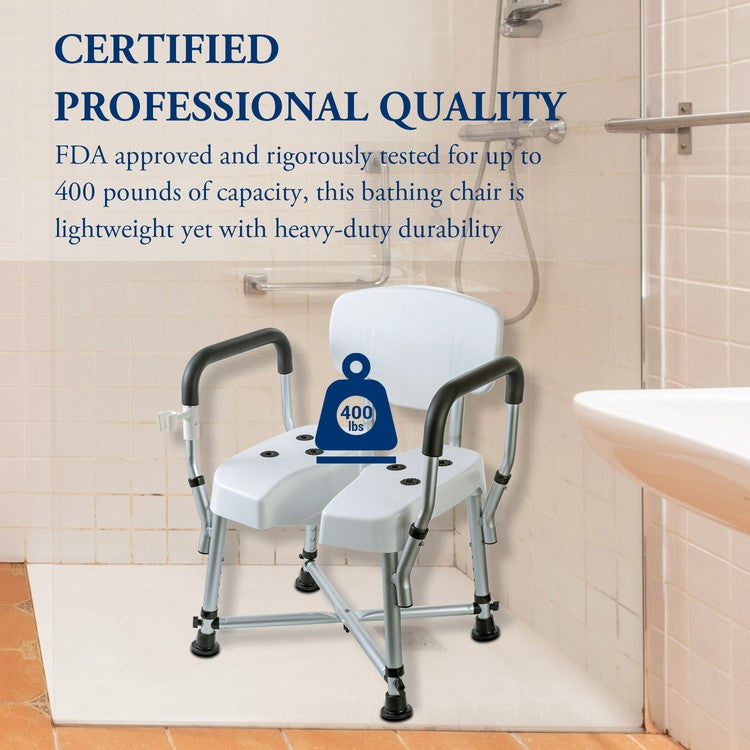 MyGift Professional Grade Adjustable Hygienic Bathroom Shower and Tub Chair with Cutout Cushion, Seat Back, and Padded Assist Grip Arm Rests, Safety Bathing Aid with Showerhead Holder, 400 LB Capacity-MyGift