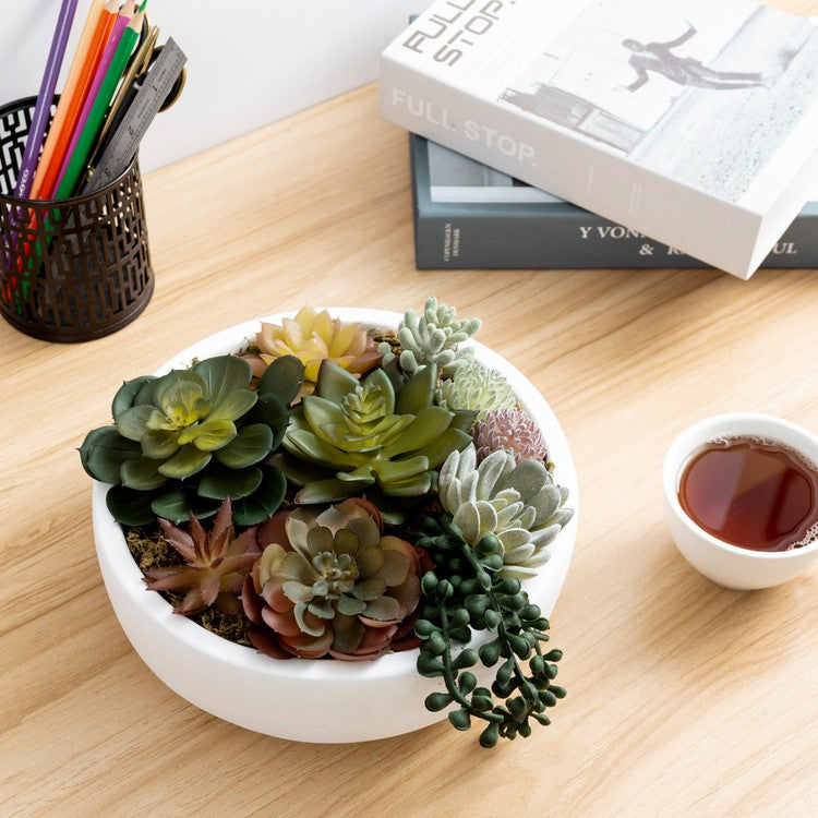 faux succulents in low round pot Artificial Assorted Succulent Plant Arrangement in Round White Plant Pot