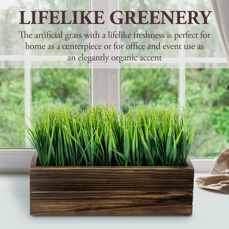 14 Inch Artificial Green Grass Plan in Planter, Rectangular Crate Style Wooden Container-MyGift