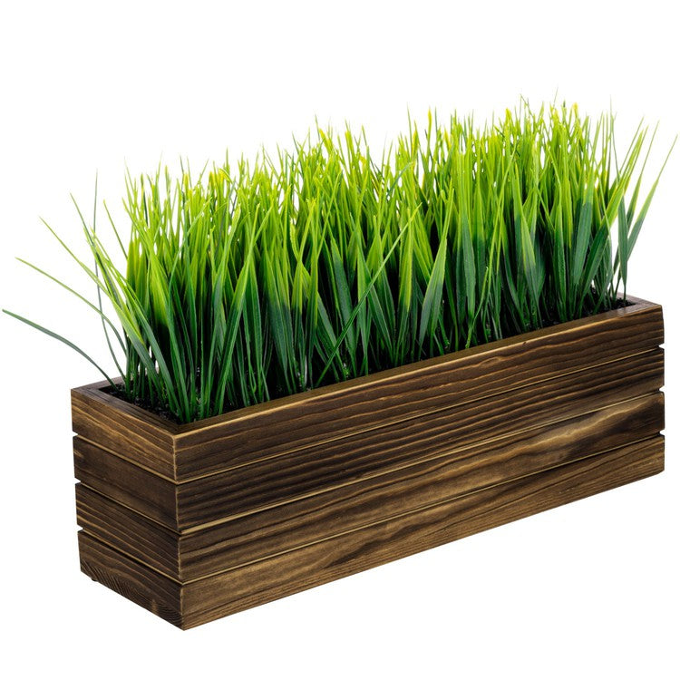 14 Inch Artificial Green Grass Plan in Planter, Rectangular Crate Style Wooden Container-MyGift