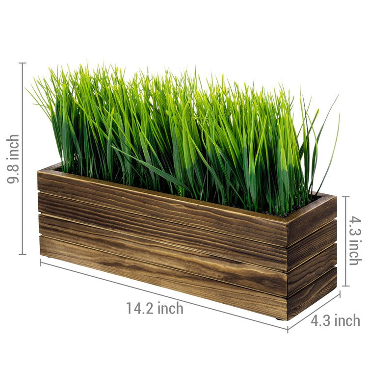 14 Inch Artificial Green Grass Plan in Planter, Rectangular Crate Style Wooden Container-MyGift