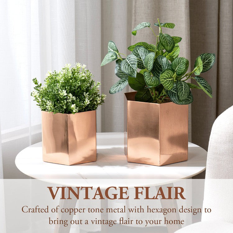 plant in gold pot Copper Tone Metal Tapered Bottom Flower Vase, Decorative Indoor Planter Pot