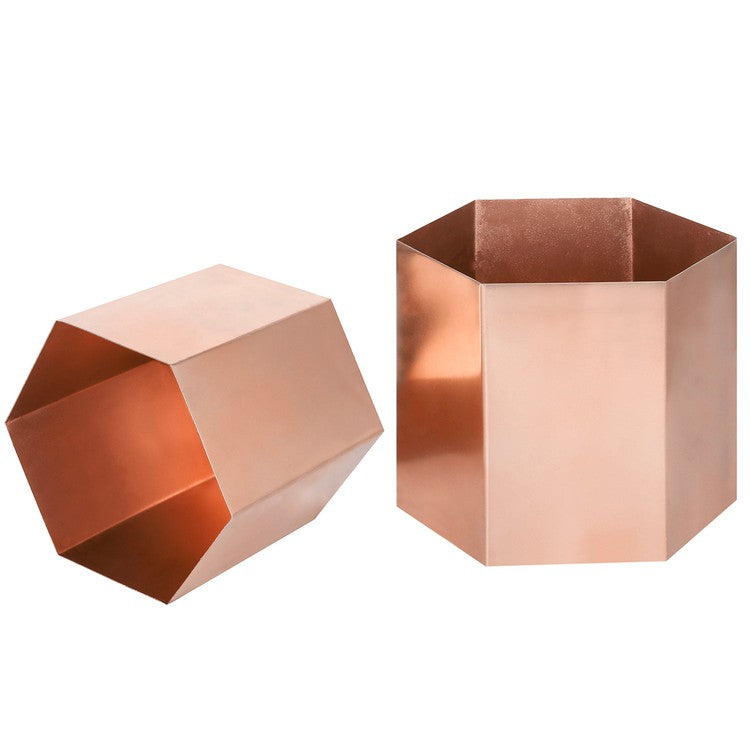 Handcrafted Metallic Shiny Copper Tone Metal Indoor Plant Vase Pot with Hexagon Shape, Handmade in India-MyGift