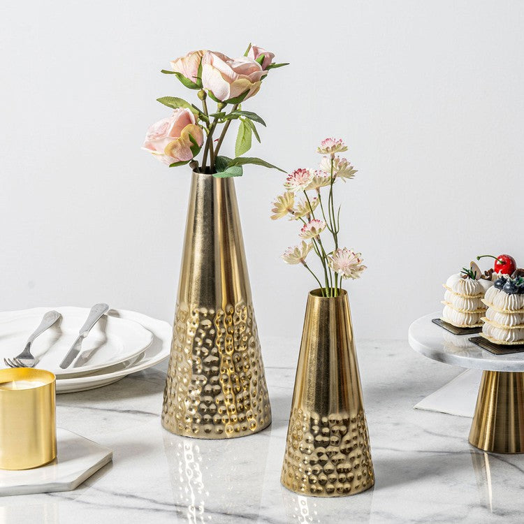 7 and 10.5 Inch Brass Tone Metal Tapered Flower Vases with Hammered Pattern, Vase for Floral Arrangements-MyGift