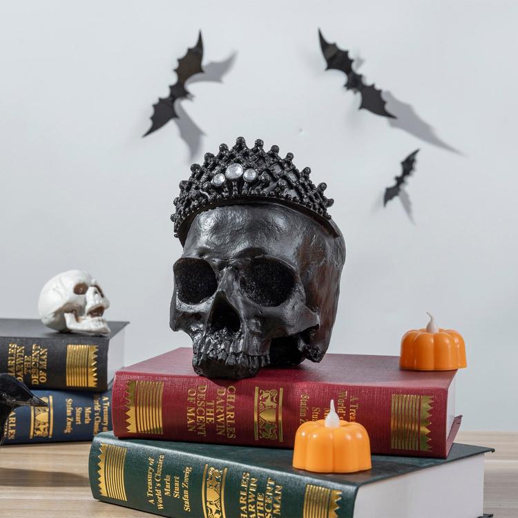6 Inch Decorative Matte Black Novel Realistic Resin Skull Statue with Crown