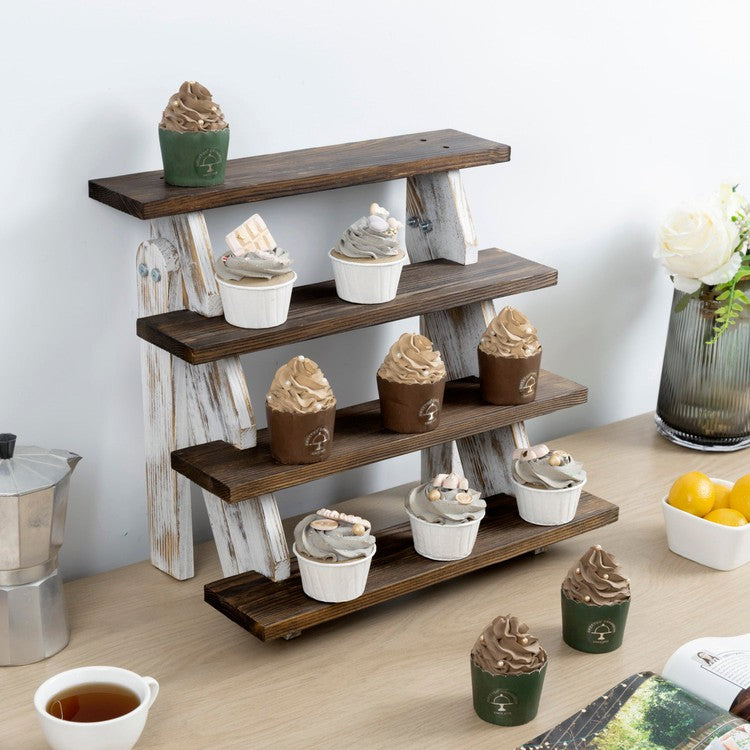 Tiered Cascading Wood Cupcake Display Riser, Two-Tone Burnt Brown Stair Steps and Whitewashed Countertop Dessert Stand-MyGift
