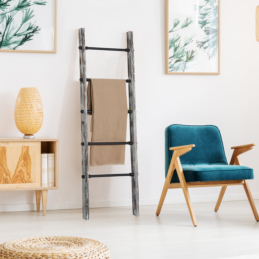 Modern home with mygift 5 rung blanket ladder made of torched wood sides and black metal pipe rungs with link to organization products