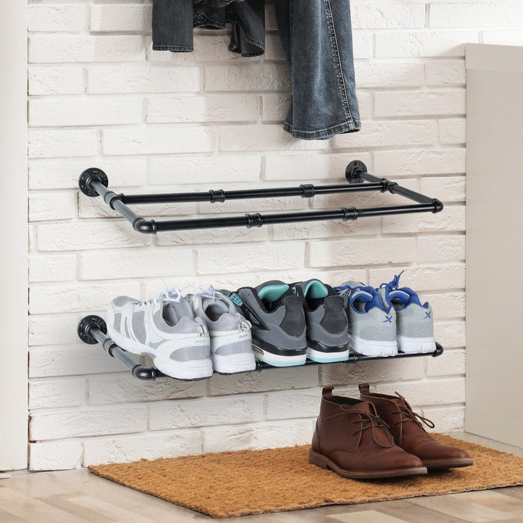 Set of 2 Black Metal Pipe Hanging Shoe and Boot Rack Shelves, Wall Mounted Space Saving Footwear Storage, Holds 6 Pairs-MyGift
