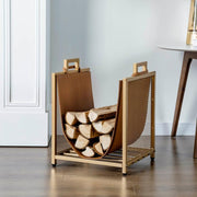MyGift Modern Gold Tone Metal Firewood Stand with Brown Leatherette Wood Holder Sling
