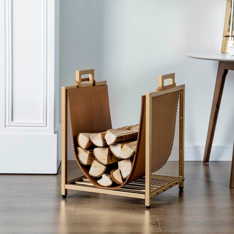 MyGift Modern Gold Tone Metal Firewood Stand with Brown Leatherette Wood Holder Sling