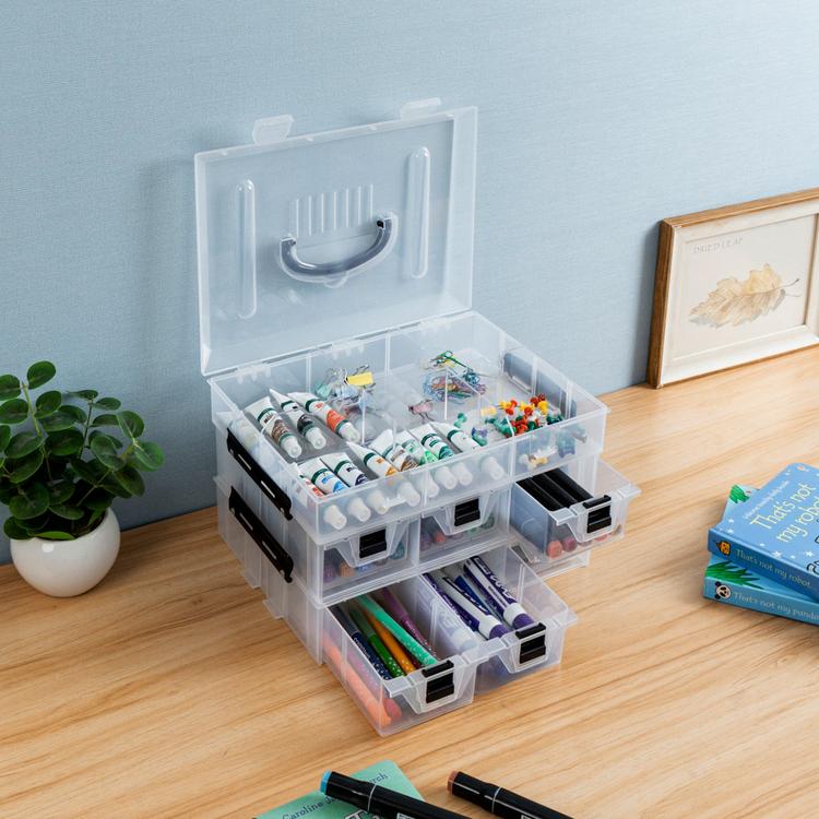 11 Inch Clear Plastic Arts and Crafts Sewing Supplies Organizer Case with Black Accents