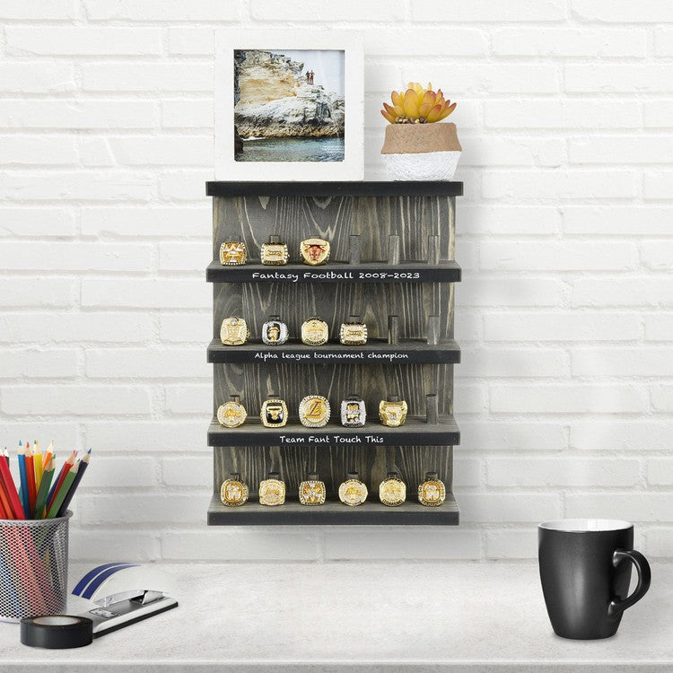 Wall Mounted Gray Wood Ring Holder with Chalkboard Labels, 24-Peg Jewelry Display Shelf-MyGift