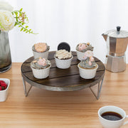 12 Inch Round Brown Wood Cake Stand Dessert Cupcake Holder with Galvanized Metal Frame, Bakery and Party Display Riser-MyGift
