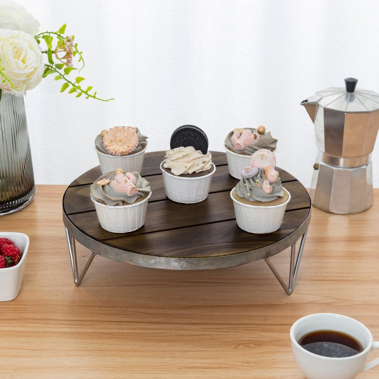 12 Inch Round Brown Wood Cake Stand Dessert Cupcake Holder with Galvanized Metal Frame, Bakery and Party Display Riser-MyGift