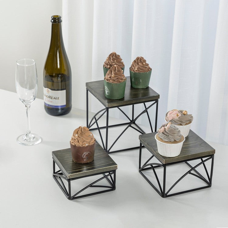 Gray Wood and Black Metal Nesting Tabletop Cupcake Riser, Cake Stand, and Food Display Rack, 3 Piece Set-MyGift