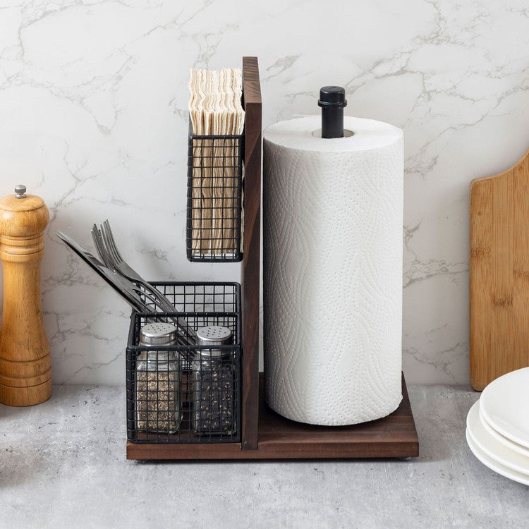 Dark Brown Wood and Black Metal Napkin Holders with Paper Towel Roll Stand and Spice Rack-MyGift
