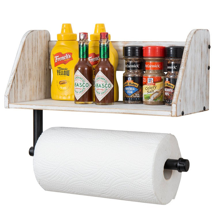 Kitchen White Wood and Black Metal Paper Towel Dispenser and Spice Storage Shelf Combo Rack-MyGift