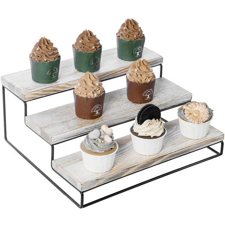White Wood and Black Metal Tapletop Cupcake Holder Stand, Dessert Pastry Display Riser-MyGift