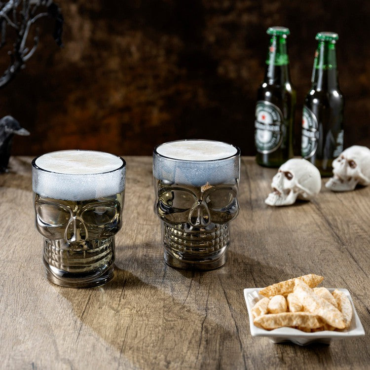 Translucent Smokey Glass Skull Beer Mugs, Halloween Drinking Glasses with Bone Handle, Set of 2-MyGift