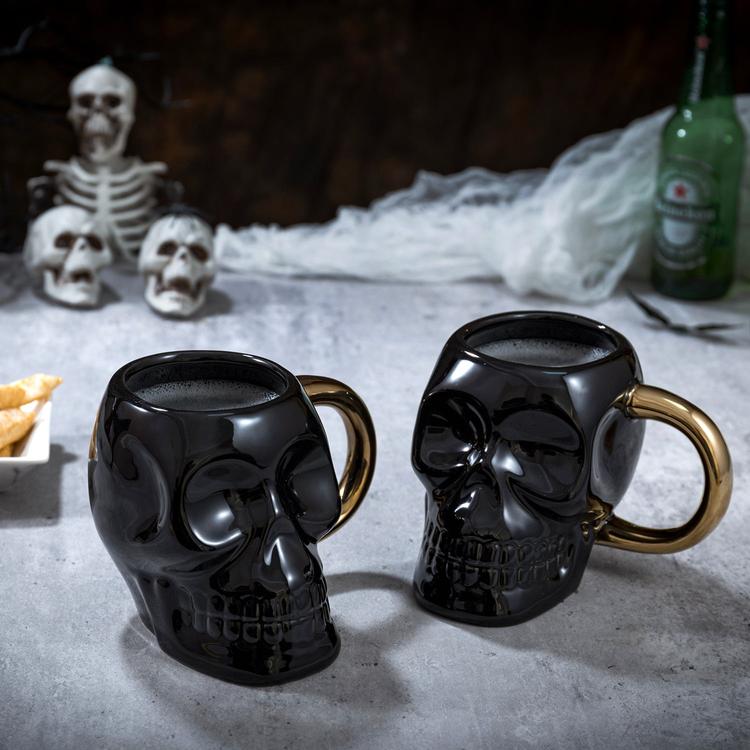 Set of 2 Novelty Drinkware Skull Black Glazed Ceramic Mugs with Gold Tone Handles