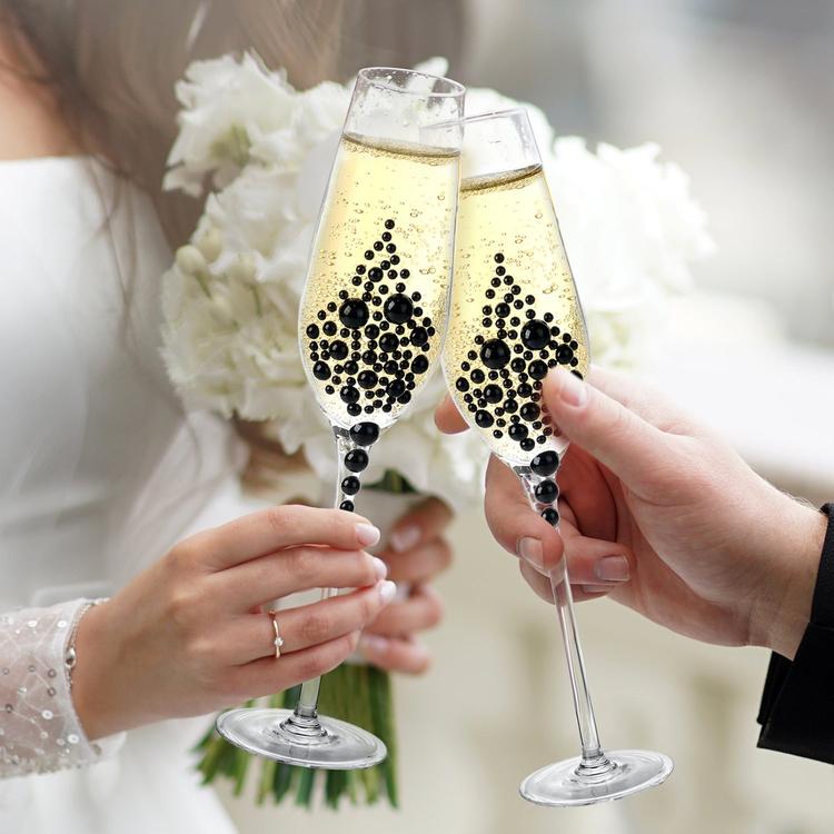 Champagne Flutes 6 oz, Clear Glass Stemmed Toasting Glasses with Faux Black Pearls, Set of 4