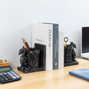 Medieval Black Resin Dragon Guarding Castle Bookends and Pencil Holder, Desk Fantasy Dragons Tower Pen Cups