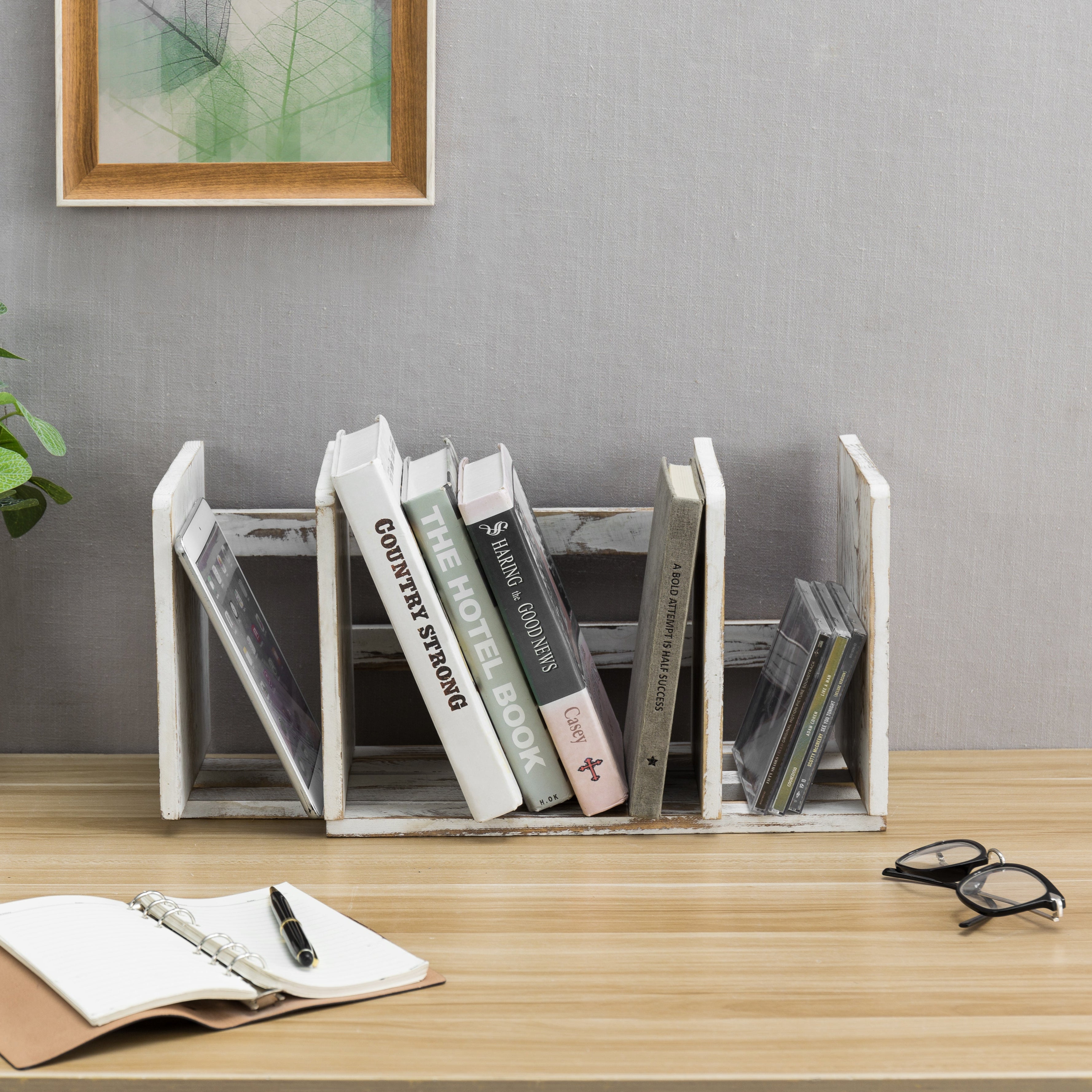 Whitewashed  Expandable Wood Desktop Bookshelf