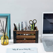 Magnetic Burnt Wood Caddy with Matte Black Metal Corner Brackets, Office Stationery Organizer, White Board Marker Basket