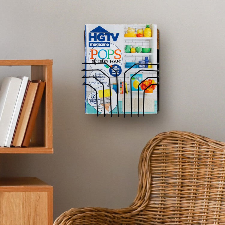Brown Wood Hanging Magazine Display Rack, Wall Mounted Office Document File Folder Holder Basket-MyGift