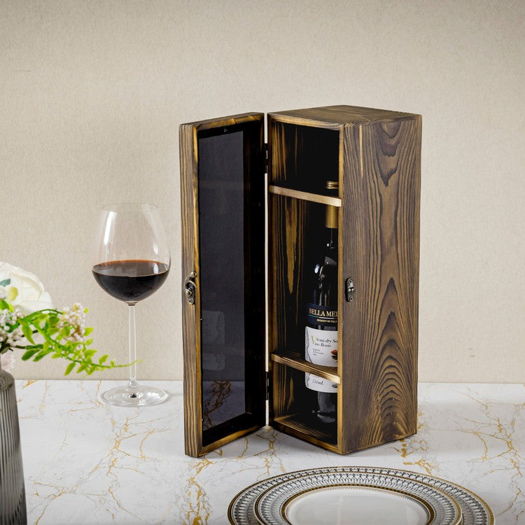 Brown Wood Wine Bottle Gift Box, Decorative Wine Collector Storage Case with Metal Latch Closure-MyGift