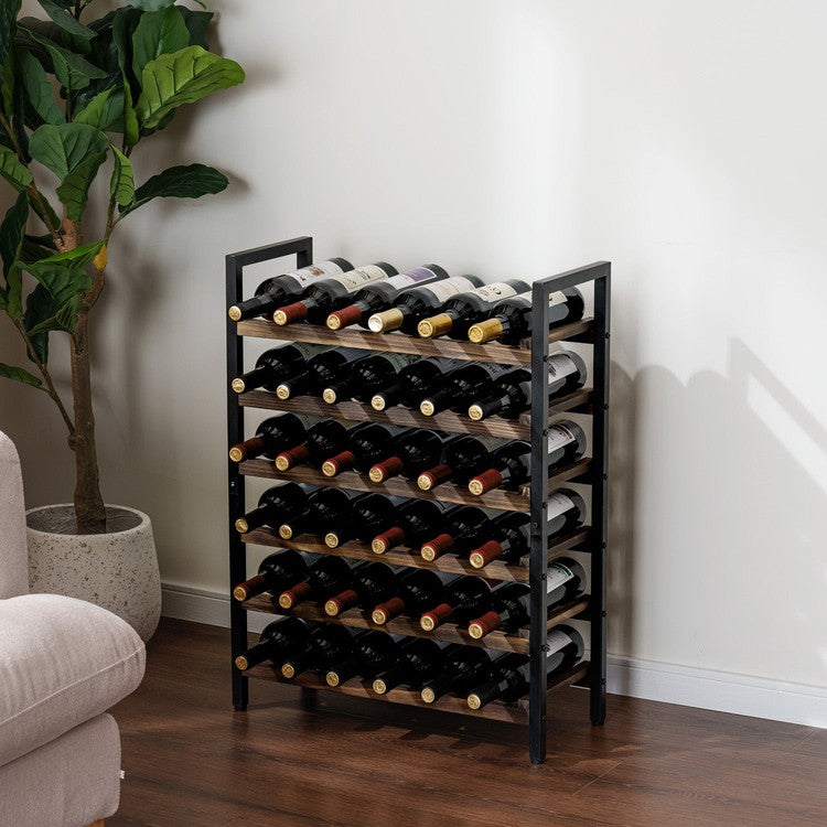 6 Tier Brown Wood and Black Metal Wine Bottle Holder Storage Rack, Holds up to 36 Bottles-MyGift
