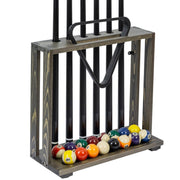 Freestanding Gray Wood Pool Cue Stick Holder, Cue Rack w/ Ball Storage and Rack Slot-MyGift