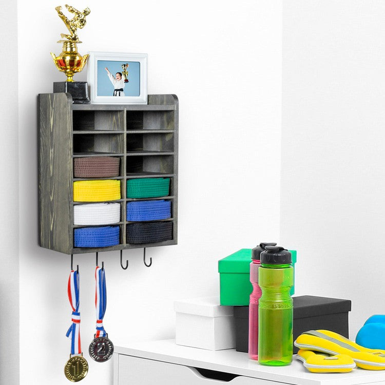Weathered Gray Wood Wall Mounted Martial Arts Belt Holder with Trophy Display Shelf Metal Hanging Hooks for Medals-MyGift