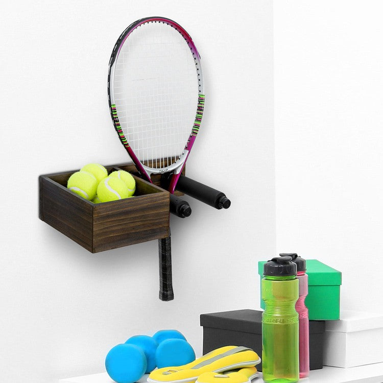 Wall Mounted Tennis Racket and Ball Rack, Burnt Dark Wood and Industrial Black Metal Pipe, Hanging Tennis Ball Basket-MyGift