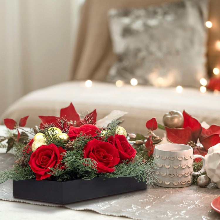Tabletop Centerpiece Christmas Decoration, Artificial Red Rose Flowers, Cedar Picks, and Gold Tone Ornaments-MyGift