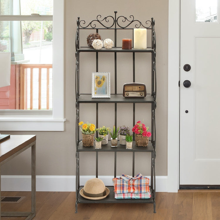 indoor plant bookcase 4 Tier Scrollwork Design Metal & Gray Wood Decorative Bookshelf / Indoor Plant Stand