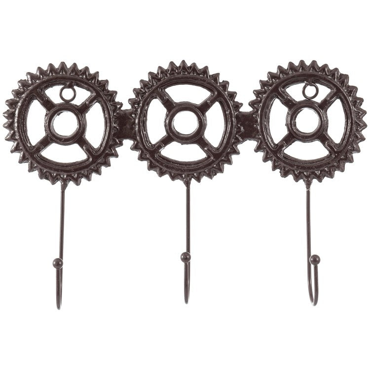 3-Hook, Cast Iron Metal Steampunk Gear Wall Mounted Coat Rack, Entryway Hanging Key Hooks-MyGift