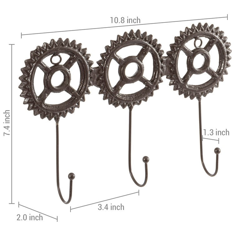 3-Hook, Cast Iron Metal Steampunk Gear Wall Mounted Coat Rack, Entryway Hanging Key Hooks-MyGift