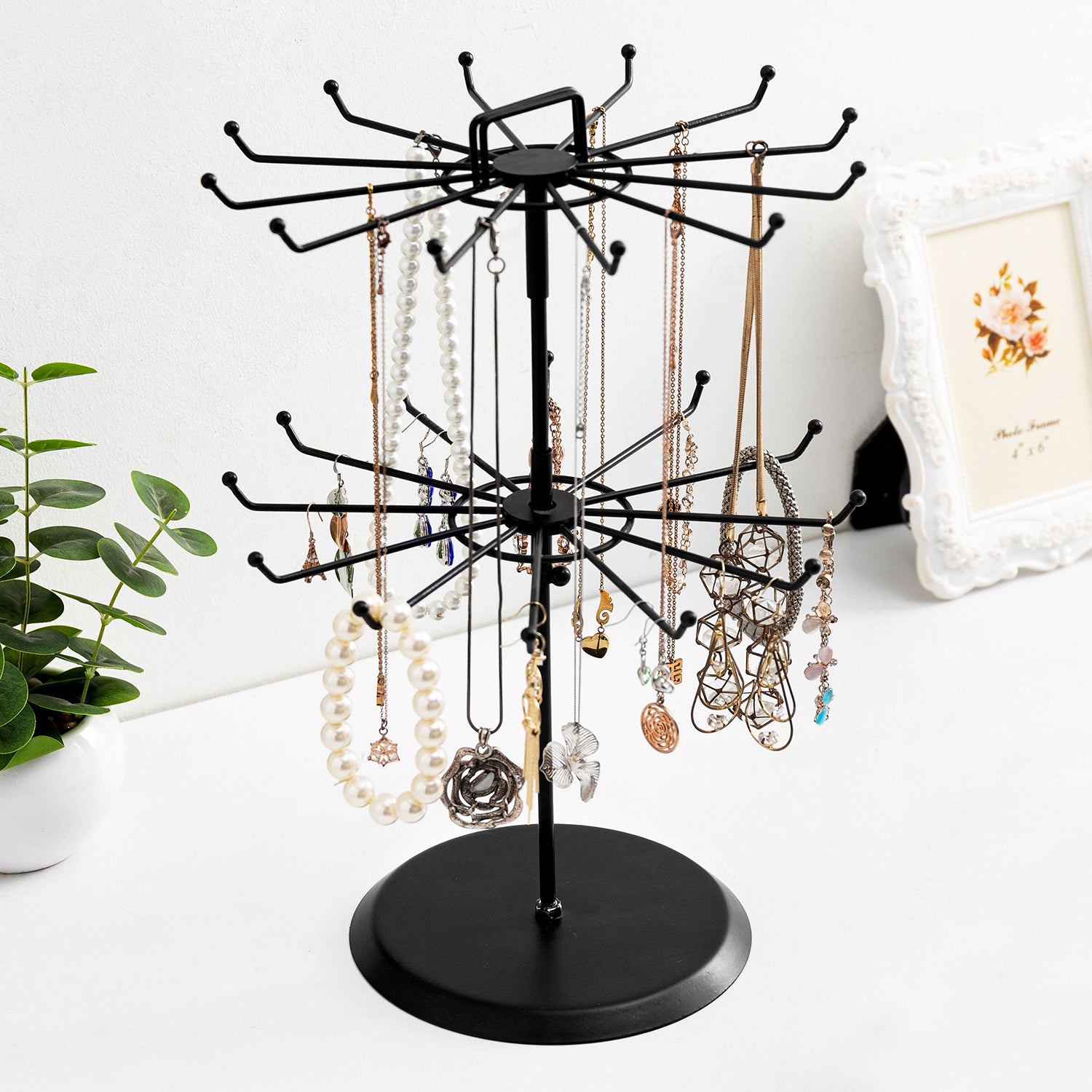 Black Metal Jewelry Tower Display Stand/Necklace Organizer w/ Hairclip Holder