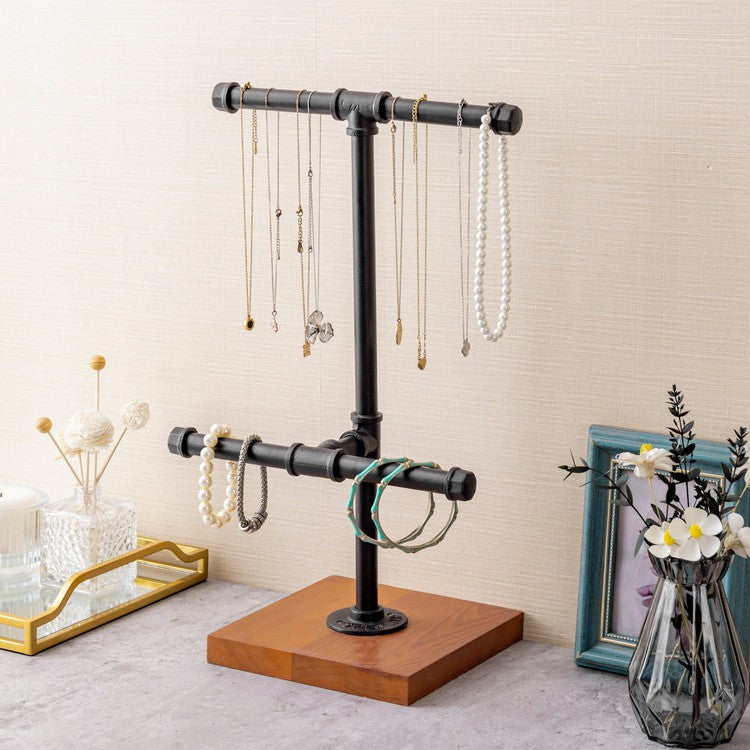 2-Tier Metal Industrial Black Pipe T-Bar Jewelry Display Rack and Necklace Hanger with Wood Base-MyGift
