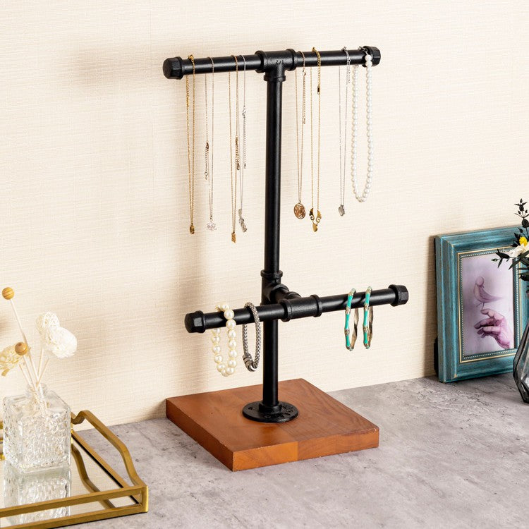 2 Tier Metal Industrial Black Pipe T Bar Jewelry Display Rack and Necklace Hanger with Wood Base